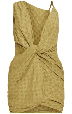 Olive Textured Plunge Knot Detail Bodycon Dress