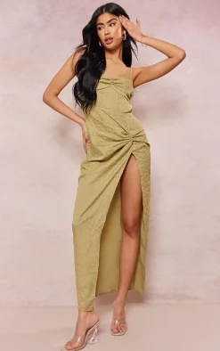 Olive Textured Ruched Bust Knot Drape Detail Midaxi Dress