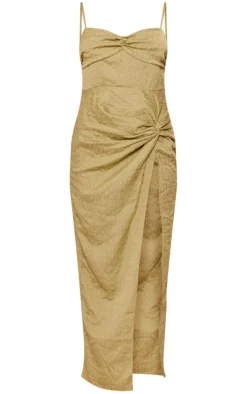 Olive Textured Ruched Bust Knot Drape Detail Midaxi Dress