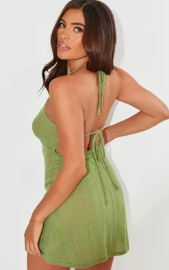 Olive Textured Tie Back Halterneck Shift Dress