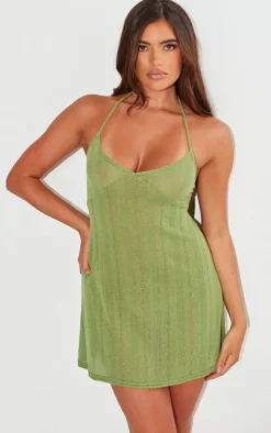 Olive Textured Tie Back Halterneck Shift Dress