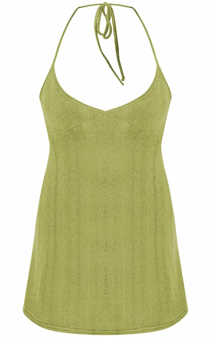 Olive Textured Tie Back Halterneck Shift Dress