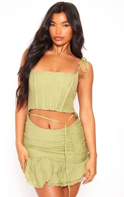 Olive Textured Tie Strap Corset Asymmetric Hem Bodycon Dress