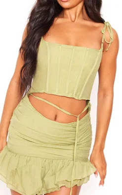 Olive Textured Tie Strap Corset Asymmetric Hem Bodycon Dress
