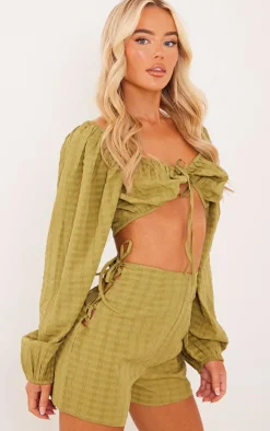 Olive Textured Woven Lace Up Side Tailored Shorts