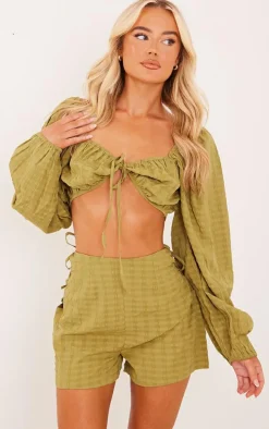 Olive Textured Woven Tie Front Balloon Sleeve Blouse