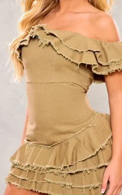 Olive Twill Bardot Frayed Edge Tiered Shift Dress