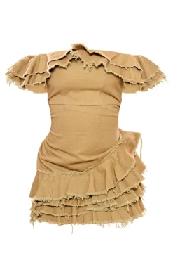 Olive Twill Bardot Frayed Edge Tiered Shift Dress
