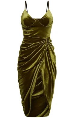 Olive Velvet Underwired Strappy Draped Midi Dress