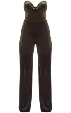 Olive Velvet V Bar Bandeau Jumpsuit