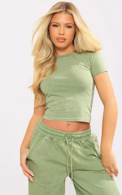 Olive Washed Cotton Longline Fitted T-Shirt