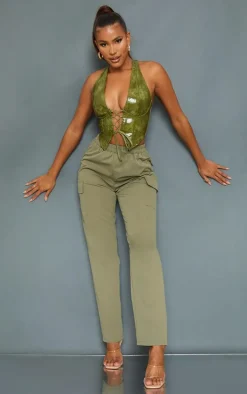 Olive Washed Faux Leather Lace Up Plunge Halterneck Top