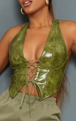 Olive Washed Faux Leather Lace Up Plunge Halterneck Top