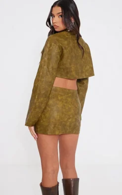 Olive Washed Faux Leather Boxy Cropped Pocket Detail Jacket