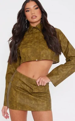Olive Washed Faux Leather Pocket Detail Low Rise Micro Mini Skirt