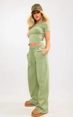 Olive Washed Oversized Low Rise Wide Leg Sweatpants