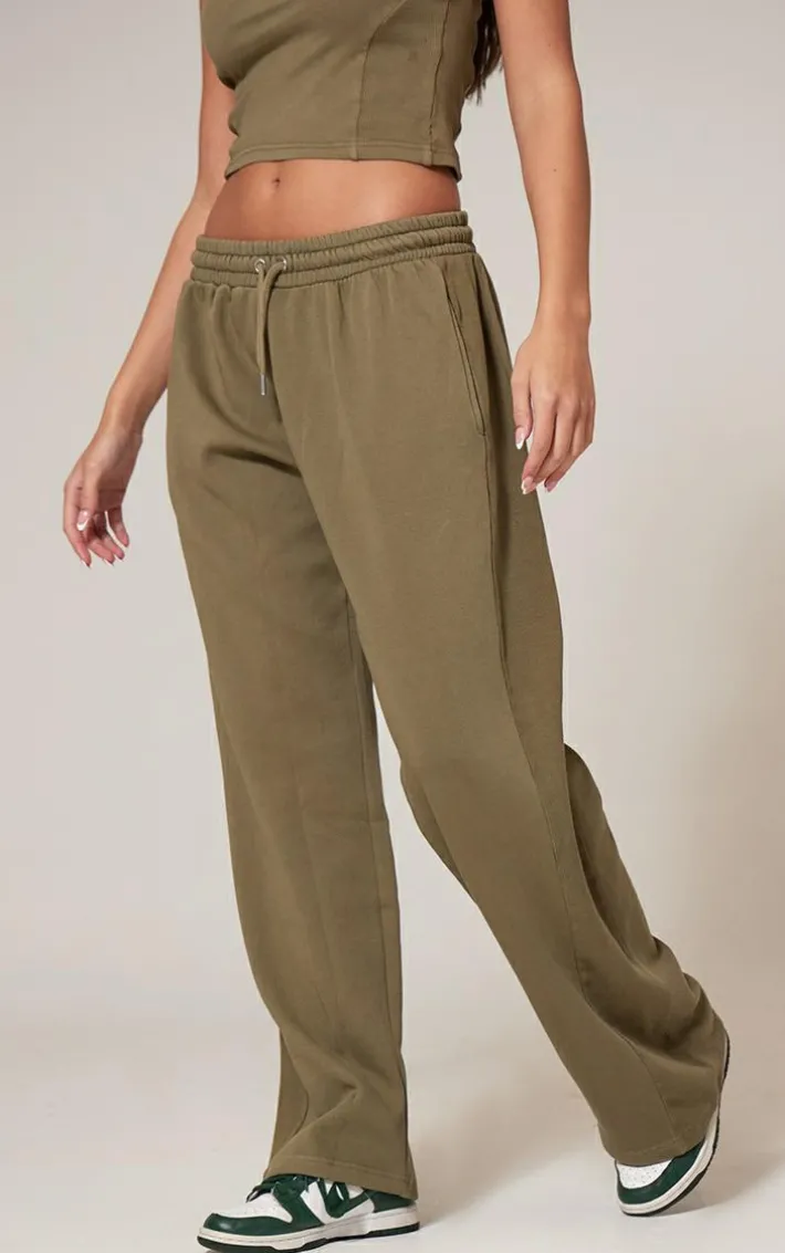 Olive Washed Rib Panel Wide Leg Sweatpants