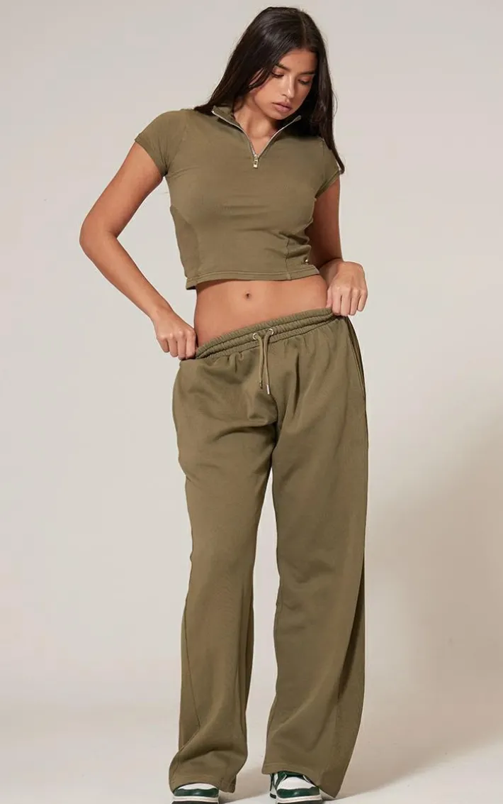 Olive Washed Rib Panel Wide Leg Sweatpants