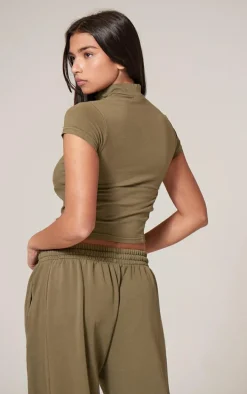 Olive Washed Zip Up Rib Panel Top