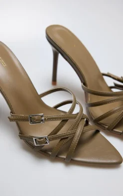 Olive Wide Fit PU Point Toe Cross Strap Buckle Heeled Mules