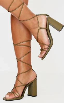 Olive Wide Fit PU Square Toe Lace Up Block Heeled Sandals