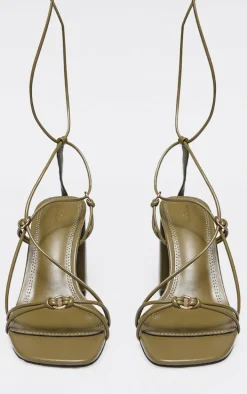 Olive Wide Fit PU Square Toe Lace Up Block Heeled Sandals