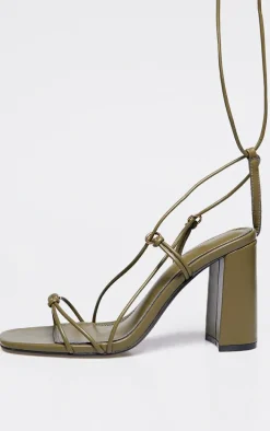 Olive Wide Fit PU Square Toe Lace Up Block Heeled Sandals