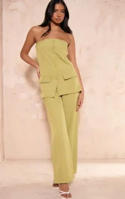 Olive Woven Bandeau Button Detail Tailored Wide Leg Jumpsuit