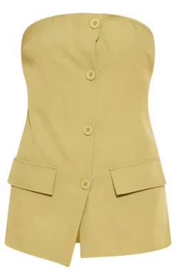 Olive Woven Bandeau Button Detail Tailored Wide Leg Jumpsuit