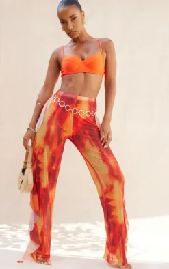 Orange Abstract Frill Side Mesh Beach Pants