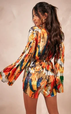 Orange Abstract Plunge Pleated Romper