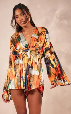 Orange Abstract Plunge Pleated Romper