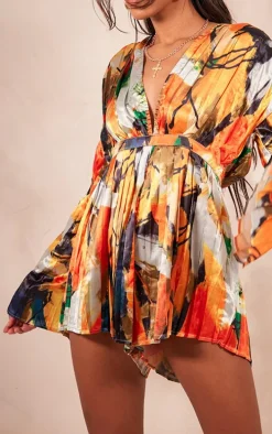 Orange Abstract Plunge Pleated Romper