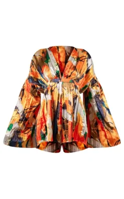Orange Abstract Plunge Pleated Romper