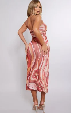 Orange Abstract Print Acetate Slinky Cut Out Halter Midaxi Dress