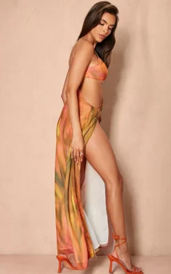 Orange Abstract Print Chiffon Cami Cut Out Split Leg Maxi Dress