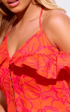 Orange Abstract Print Corset Frill Detail Mini Dress