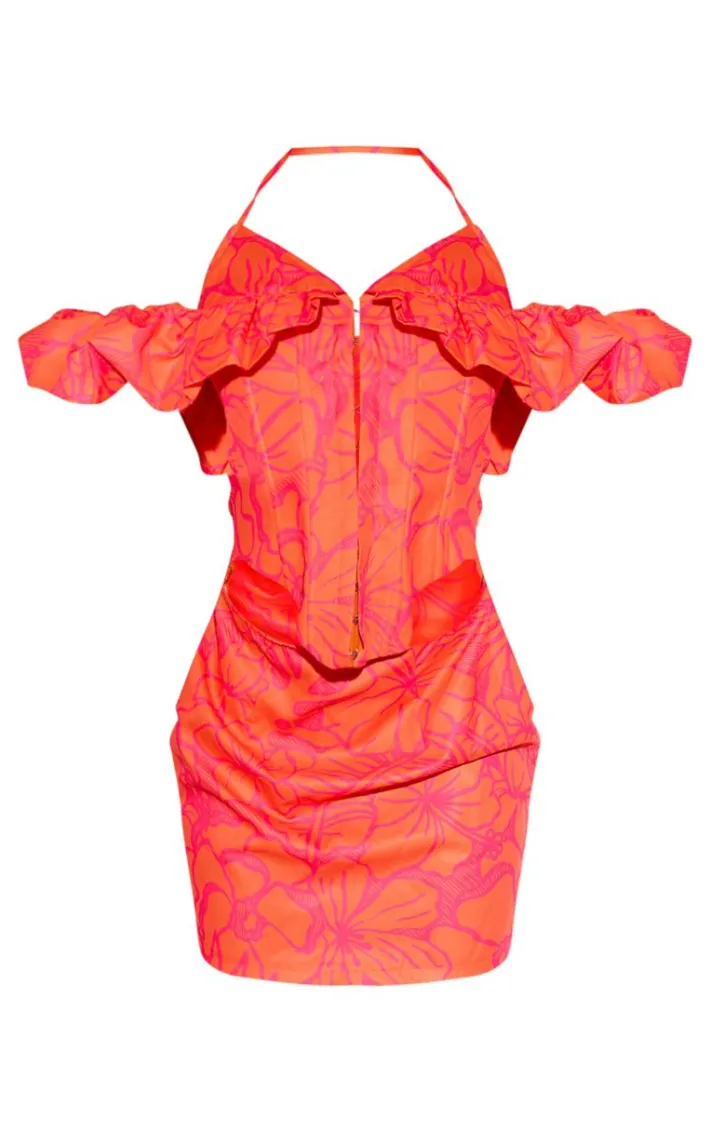 Orange Abstract Print Corset Frill Detail Mini Dress