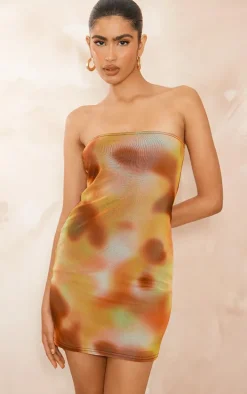 Orange Abstract Print Mesh Bandeau Lined Bodycon Dress
