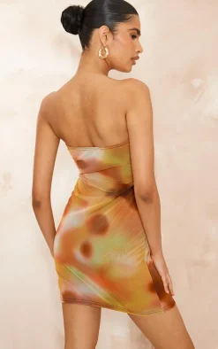 Orange Abstract Print Mesh Bandeau Lined Bodycon Dress