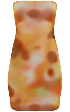 Orange Abstract Print Mesh Bandeau Lined Bodycon Dress