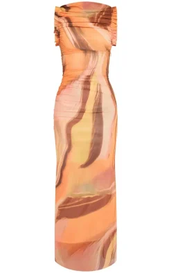Orange Abstract Print Mesh Racer Neck Midaxi Dress