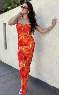 Orange Abstract Print Plisse Knot Bandeau Maxi Dress