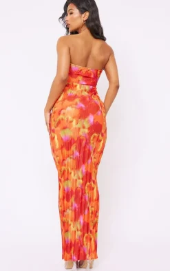 Orange Abstract Print Plisse Knot Bandeau Maxi Dress