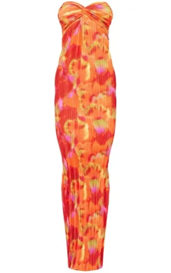 Orange Abstract Print Plisse Knot Bandeau Maxi Dress
