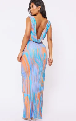 Orange Abstract Print Plisse Cowl Plunge Maxi Dress