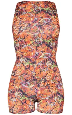Orange Abstract Print Racer Neck Romper