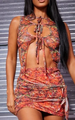 Orange Abstract Print Sheer Mesh Tie Up Bodycon Dress