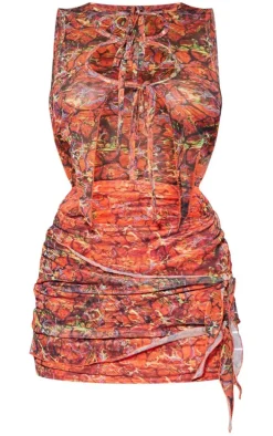 Orange Abstract Print Sheer Mesh Tie Up Bodycon Dress
