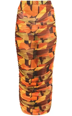Orange Abstract Printed Mesh Ruched Midaxi Skirt